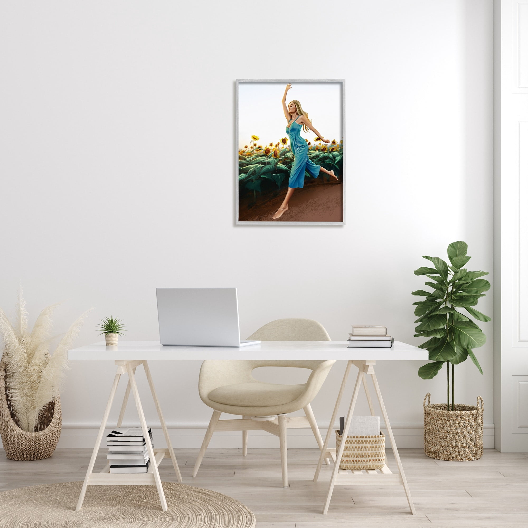 Stupell Industries Woman Running Through Rural Sunflower Meadow Field Painting Gray Framed Art Print Wall Art, Design by Ziwei Li