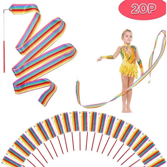 Paquete de 20 cintas de baile arcoíris para niños, varitas de baile, bastones giratorios y juguetes.