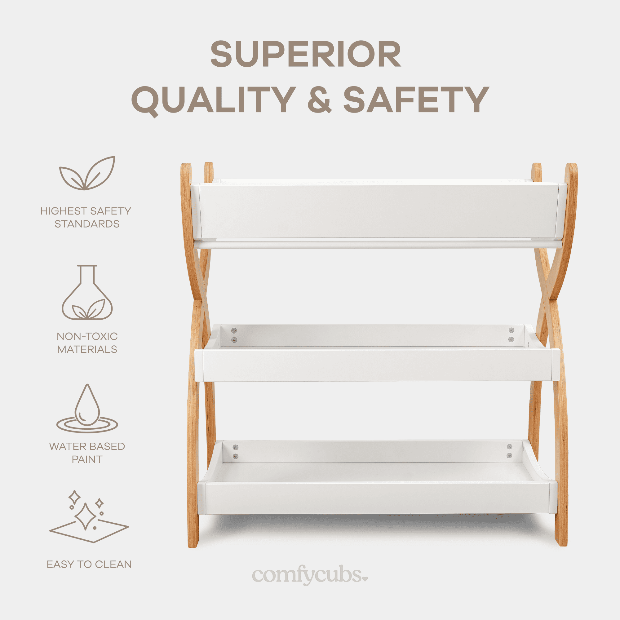 Comfy Cubs Baby Changing Table with Two Open Shelves for Storage - White with Natural Wood Legs