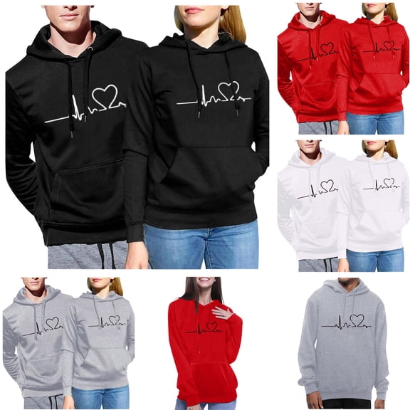 Valentine's Day Unisex Matching Hoodies for Couples Heart Print Hooded Sweatshirt Long Sleeve Pullover Tops Loose Casual Womens Hoodies