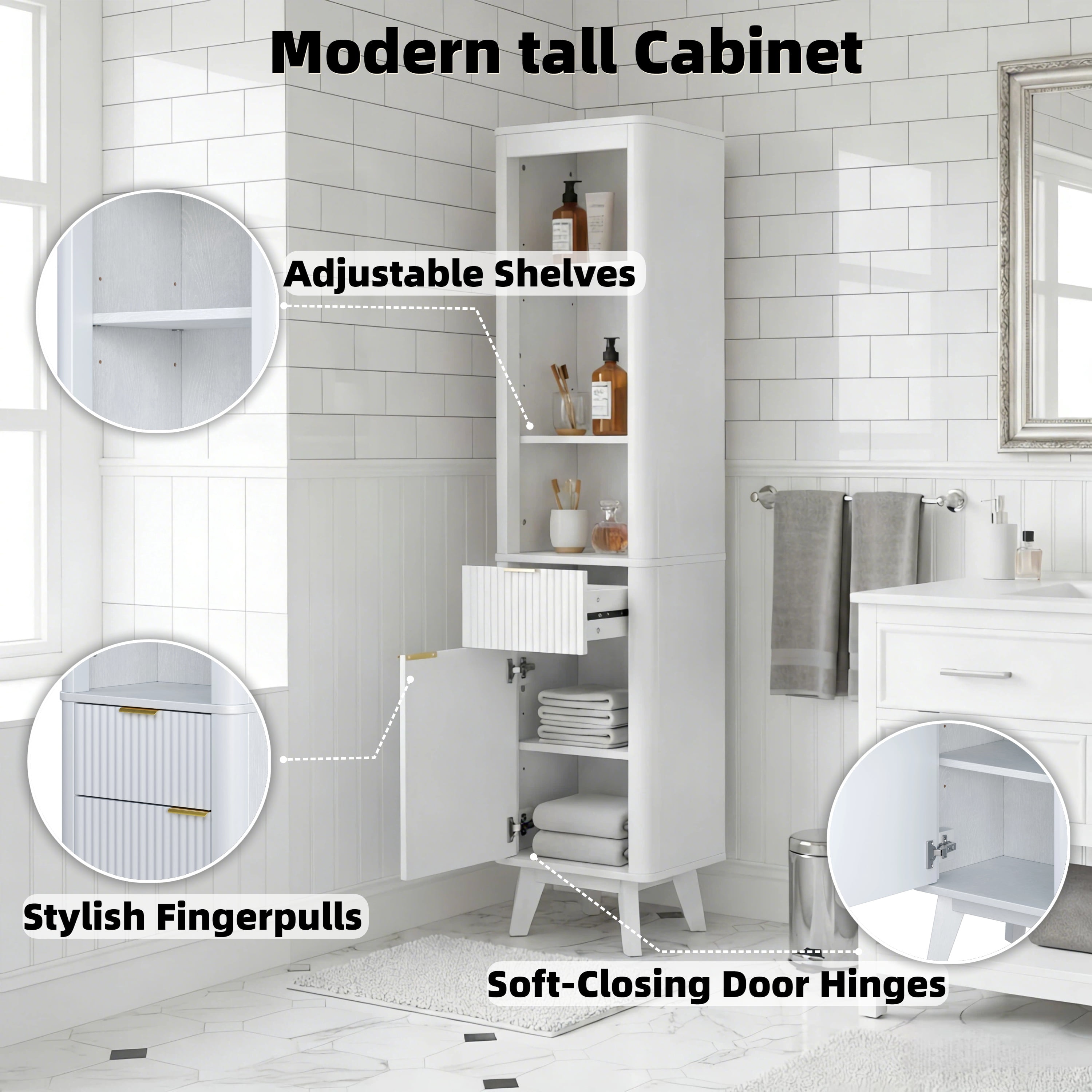Leumius 68" H Tall Bathroom Storage Cabinet with Adjustable Shelves,One Drawer & Door, Storage Cabinet for Bathroom, Living Room, Entryway,White