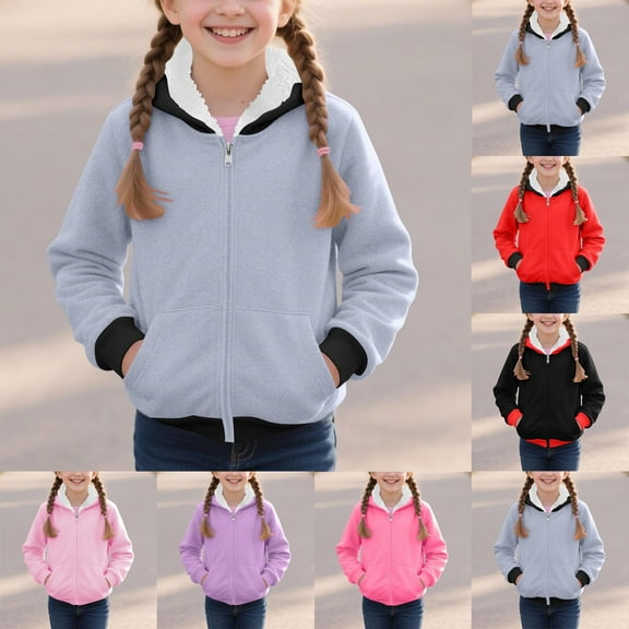 DxhmoneyHX Boys Girls Fuzzy Hoodie Winter Coats Cozy Soft Fleece Sherpa Lined Zip Up Hoodie Sweatshirt for Girls Trendy Color Block Casual Jacket with Pockets 2-15 Years