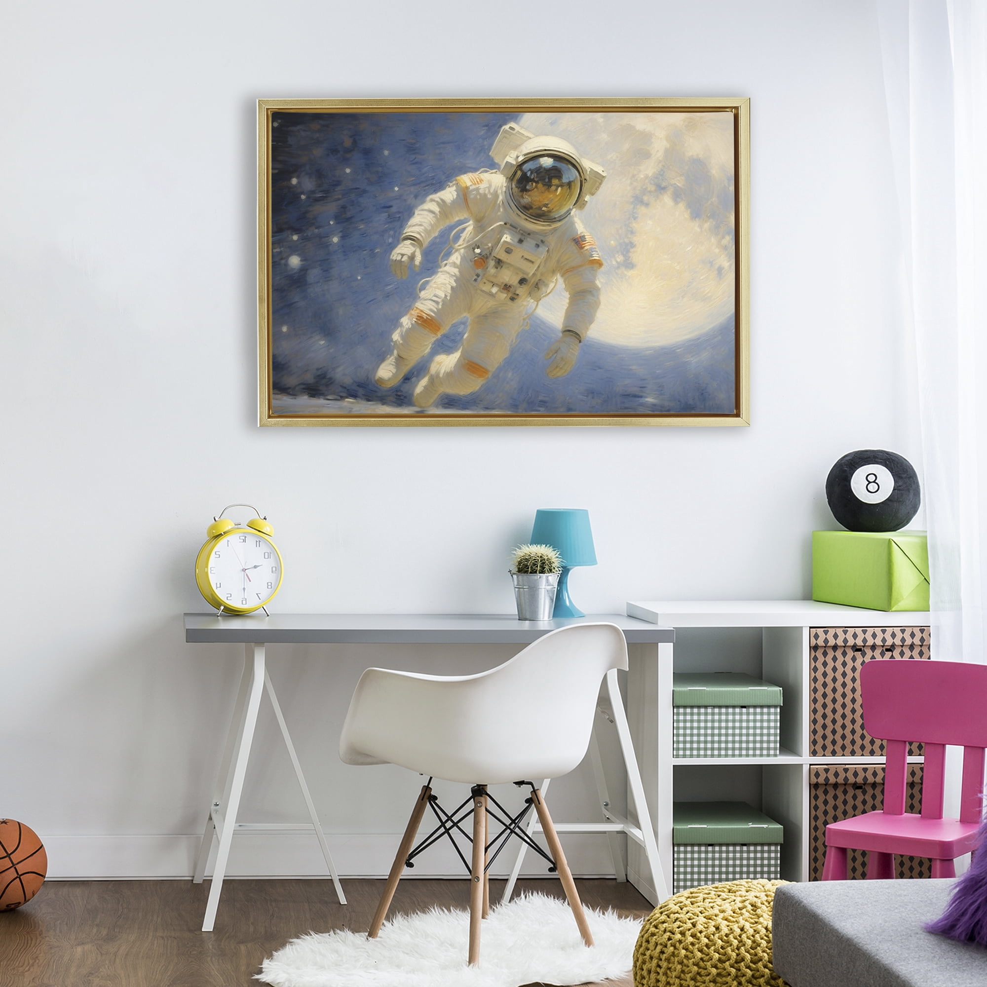 Astronaut in Vast Galaxy Gold Framed Floater Canvas Wall Art, design by Angie Hawke