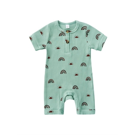 

Listenwind Toddler Baby Boys Girls Summer Jumpsuit Casual Button Round Neck Rainbow Print Short Sleeve Romper