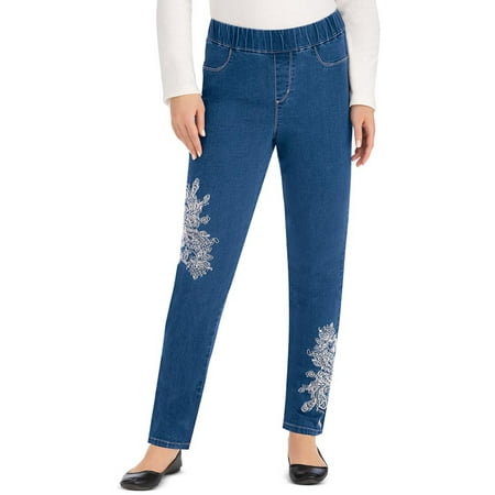 Women's Stylish Pull-On Paisley Embroidered Ankle-Length Jeans with Faux Front Pockets and Comfortable Wide Waistband, Medium, Indigo
