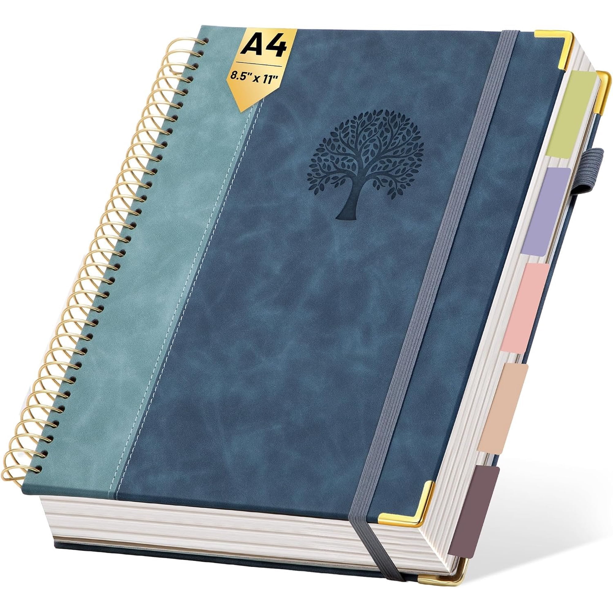 Hardcover Spiral Notebook 8.5 x 11 Leather 5 Subject Notebook College Ruled with Dividers Tabs 300 Pages Large Spiral Journal Notebooks for Work School Note-Taking Business Gray Blue