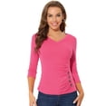 thumbnail image 1 of INSPIRE CHIC Women's V Neck 3/4 Sleeves Solid Knitted Buttons Decor Ruched Top Small Hot Pink, 1 of 5
