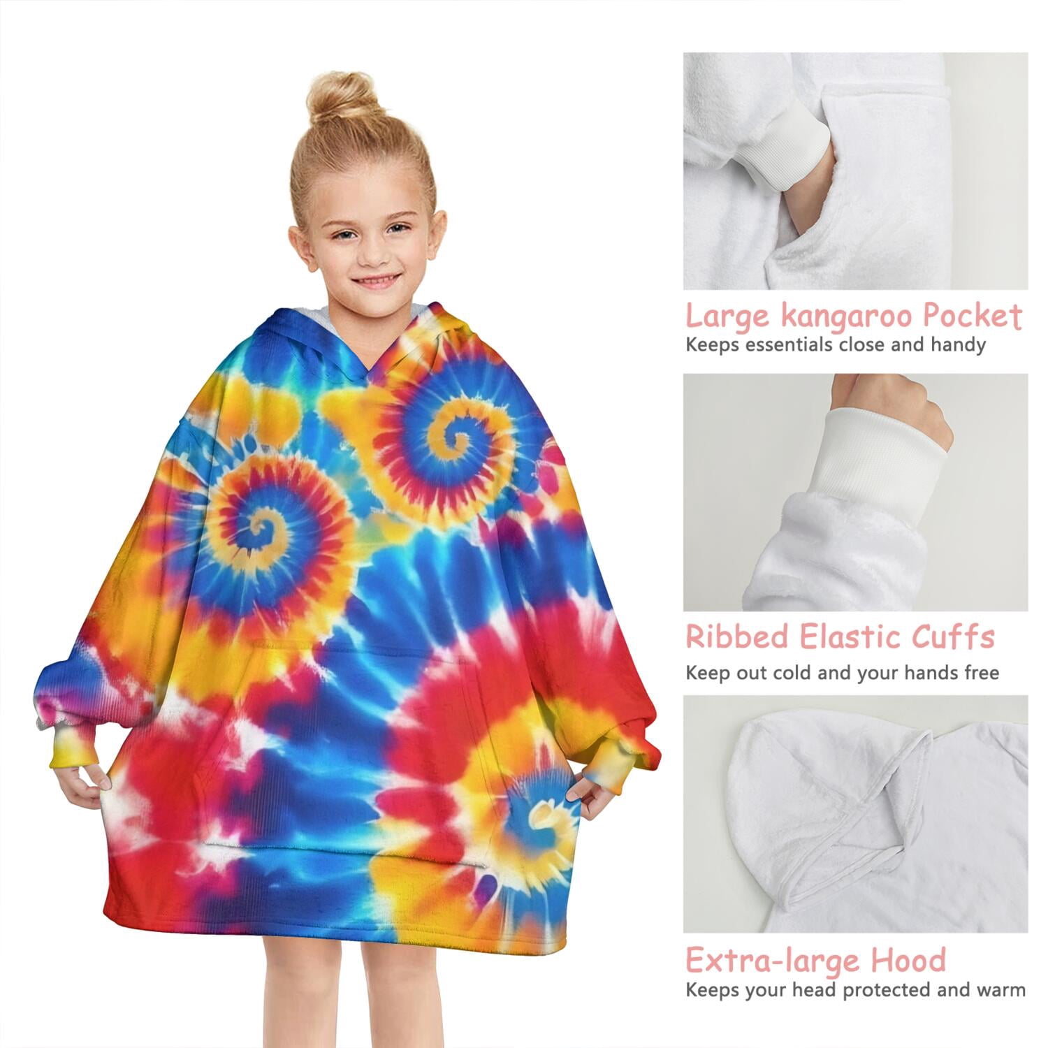 Colorful Tie Dye Multi Spiral Pattern Blanket Hoodies for Kids 6-13YR Oversize Wearable Blanket Hoodies for Boys Girls Teens