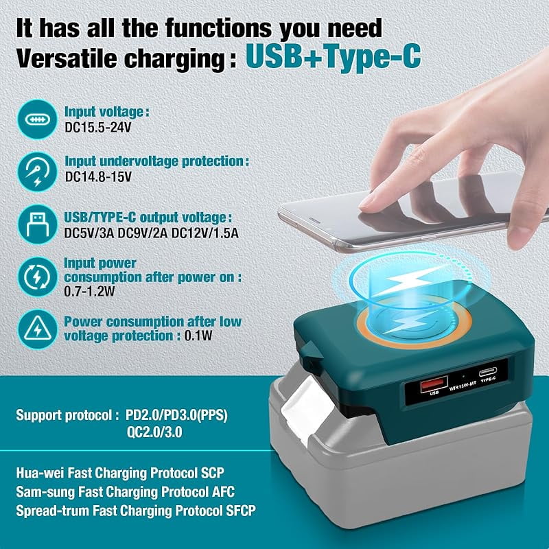 Wireless Charger Adapter,for Bos*ch 18V Battery,15W Max Wireless Charging Adapter for iPhone for Cell Phone,with USB-A&USB-C 2.1A Fast Charge Ports,Wireless Chargers Using Tool Battery