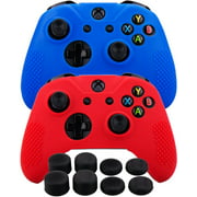 MXRC Silicone Rubber Cover Skin case Anti-Slip Studded Customize for Xbox One/S/X Controller x 2(red & Blue) + FPS PRO Extra Height Thumb Grips x 8