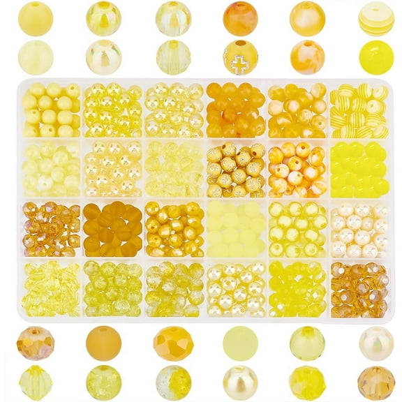 600pcs Yellow Round Beads 24 Styles Loose Beads 8mm AB Color Glass Beads Fall Spacer Beads for Friendship Bracelet Necklace Jewelry Making Christmas Thanksgiving Ornament Yellow