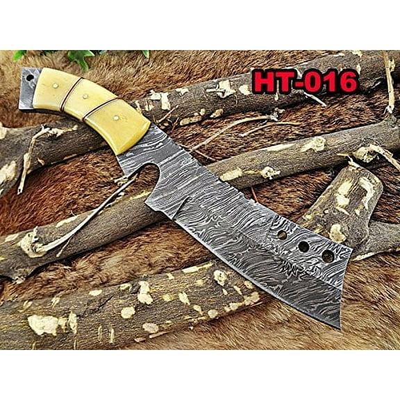 Damascus Steel Chopper Knife, 11" Long Hand Forged Full Tang Cleaver Knife, Butcher Knife Natural Camel Bone Scale, Cow Hide Leather Sheath