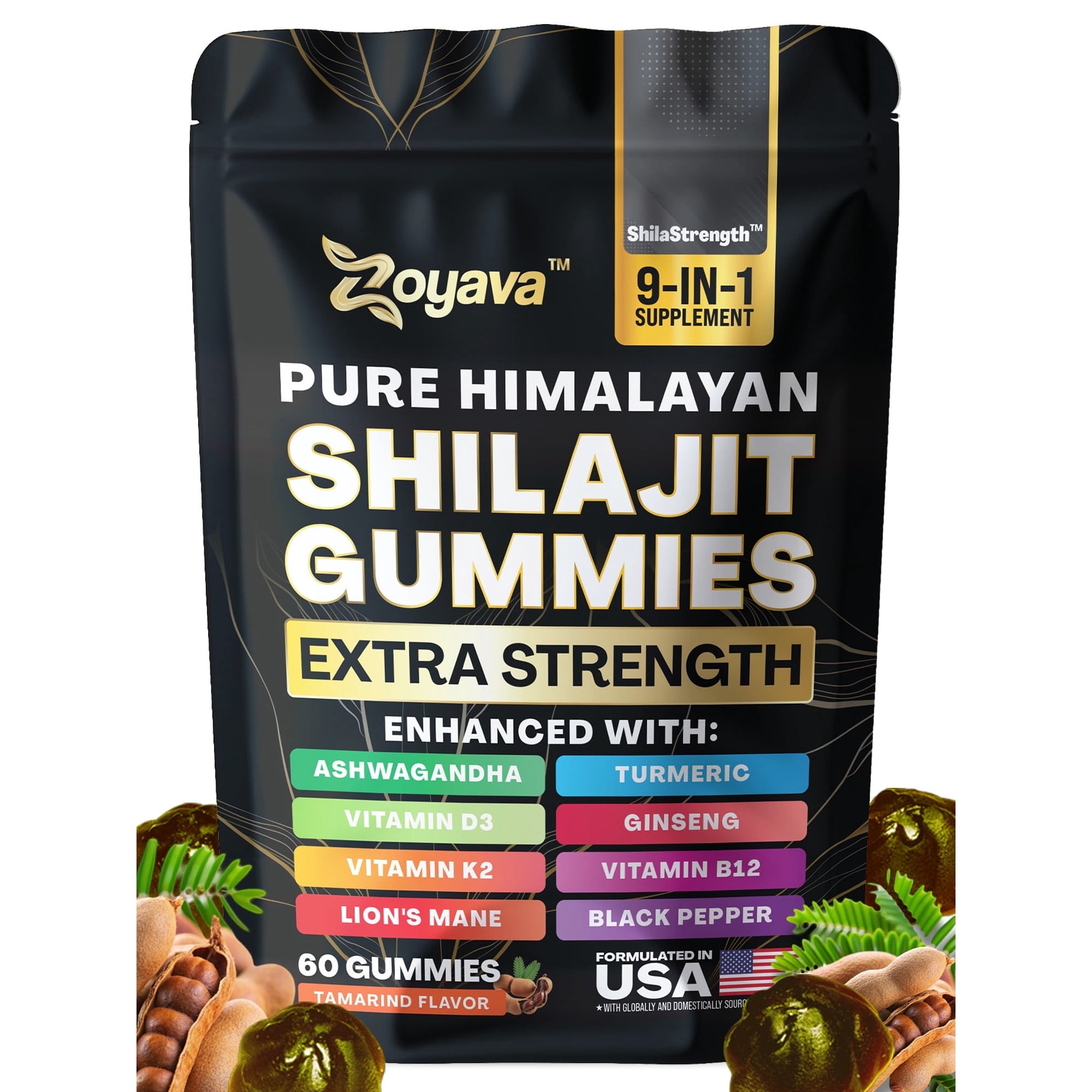 Zoyava Shilajit Gummies 2000MG, Ashwagandha 1000MG, Lion's Mane 1500MG, Turmeric 1000MG, Vitamin D3, Vitamin K2, Vitamin B12, Ginseng 150MG, Black Pepper Extract 20MG (60 Gummies - Tamarind)