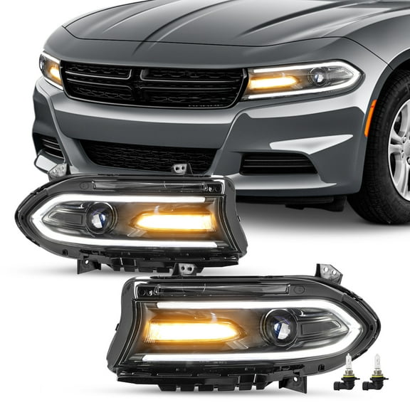 CCPAO Compatible with 2015-2022 Dodge Charger Halogen LED DRL Projector Headlights Headlamps Pair
