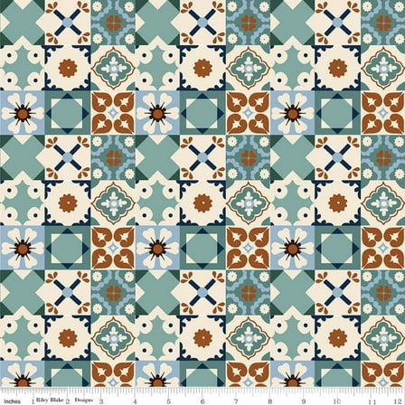Wild Rose Tiles Teal Cotton Fabric