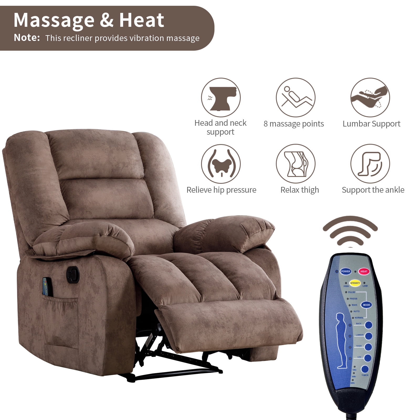 Bonzy Home Recliner Chairs with Massage and Heat Overstuffed Fabric Metal Frame Manual Reclining Chair
