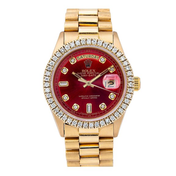 Pre-Owned Rolex Day-Date 36MM 1803 Red Diamond Dial Diamond Bezel 18K Yellow Gold President Bracelet