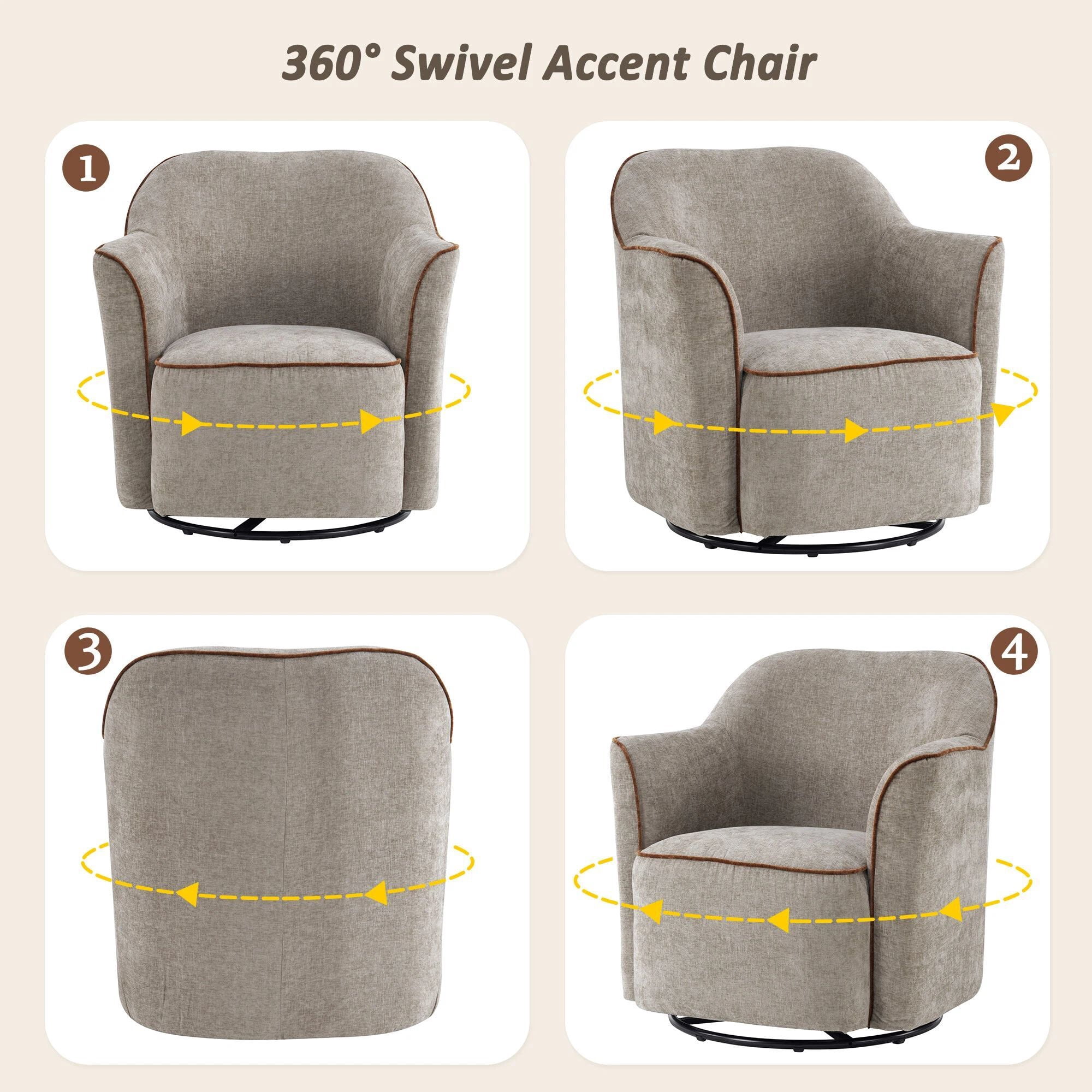 Euroco 360° Swivel Accent Chair, Chenille Upholstered Barrel Chair with Flared Arms, Modern Reading Armchair for Living Room, Bedroom and Office,Grey