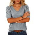 thumbnail image 5 of WULMLEO Womens Short Sleeve Sweater Summer V Neck Tops Casual Knit Shirts Lightweight Pullover Top Gray S, 5 of 5