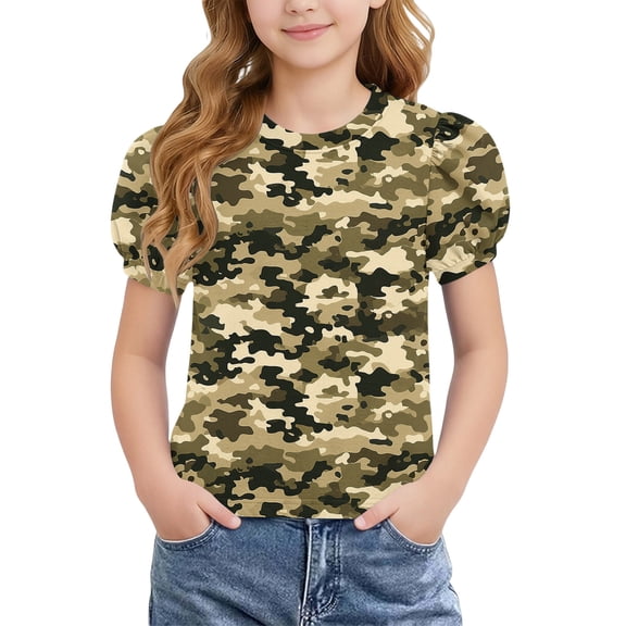 Bnwani Girls T-shirts Summer Breathable Shirt Short Sleeve Printed Tops Army Green Sizes 4-15