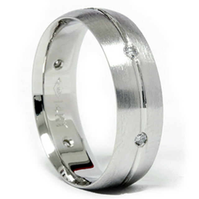 14k White Gold Comfort Fit Brushed Diamond Wedding Ring