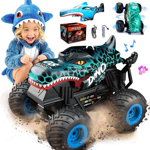 YCFUN 2-in-1 Dinosaur & Shark RC Monster Truck for Kids, RC Stunt Car with 360° Spins, LED Lights and Music, Off-Road RC Cars for Kids Boys Girls 3 