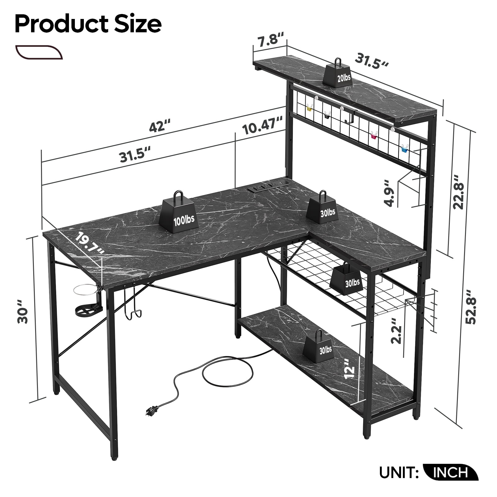 Bestier 42 inch Gaming Desk with LED Lights & Power Outlet, Reversible L Shaped Computer Desk with Hutch & Storage Shelves, Black Marble