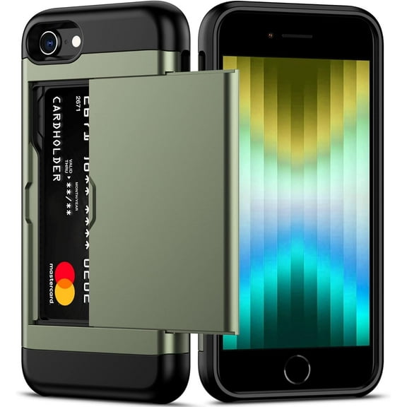 for iPhone SE Case with Card Holder Heavy Duty Protective Dual Layer Shockproof Hidden Card Slot Slim Wallet Case for Women and Man-Green