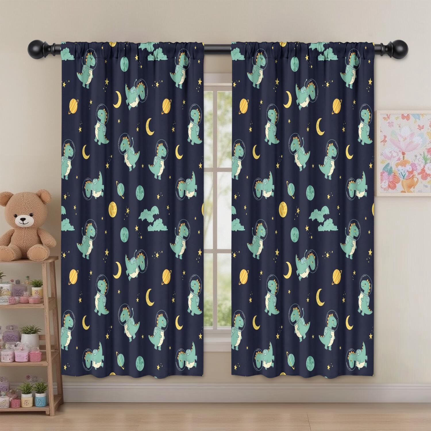 Blackout Kids Curtains,Dark Blue Dinosaurs Space Pattern Childrens Insulated Curtains Set Of 2,Bedroom Essentials,Toddler Room Decor 52"x63"