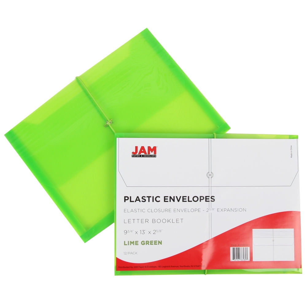 JAM Paper Plastic Expansion Envelopes, Elastic Band Closure, Letter Booklet, 9 3/4 x 13, 2.5 in Expansion, Lime Green, 3/Pack