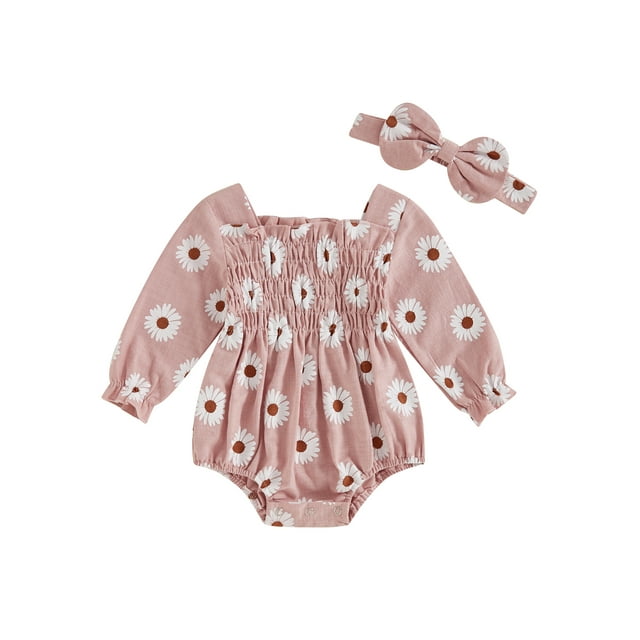 Gupgi Barboteuse à Fleurs pour Nouveau-Née Fille, Bébé, Manches Longues, Justaucorps Plissé à Fleurs avec Bandeau