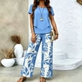 thumbnail image 4 of Guluxicc 2 Piece Women's Outfit Sets Crew Neck Short Sleeve Double Layer Hem Top Leaf Print Wide Leg Pants, 4 of 7