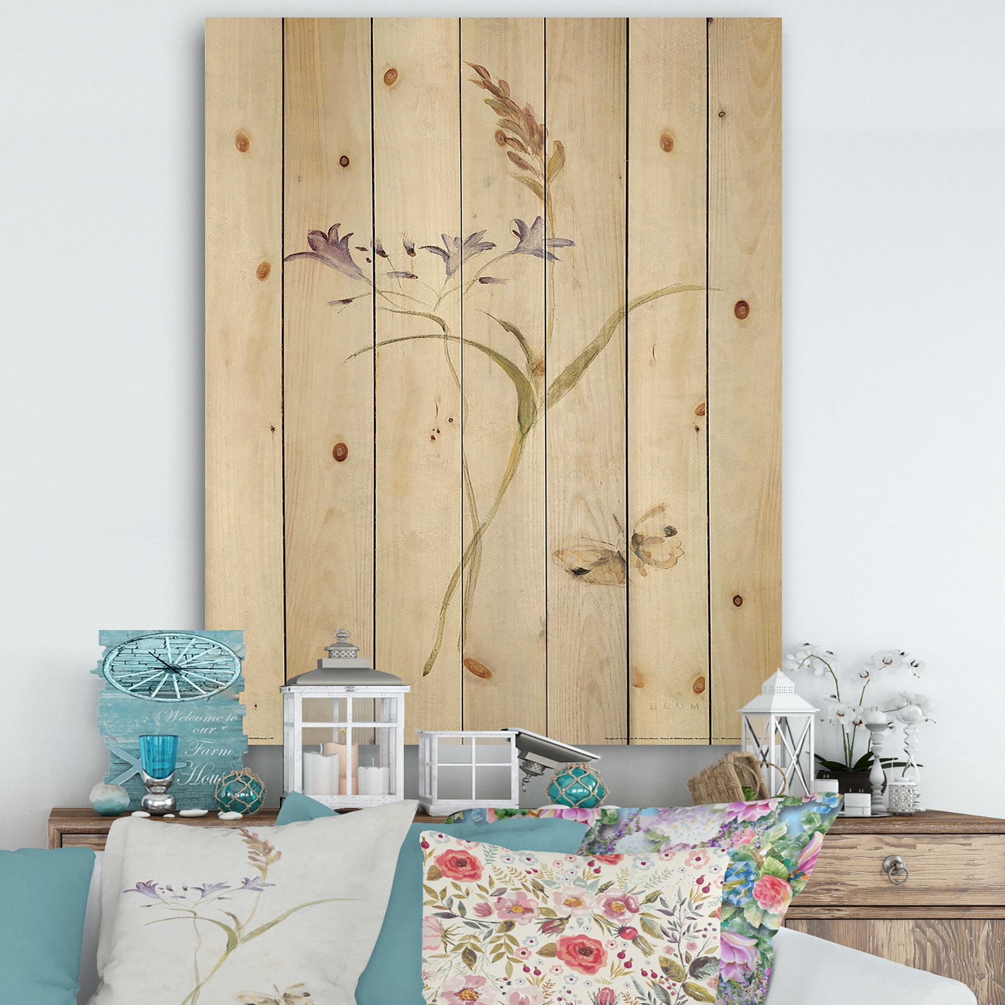 Designart 'Wild Simple Wallflowers I' Farmhouse Print on Natural Pine Wood