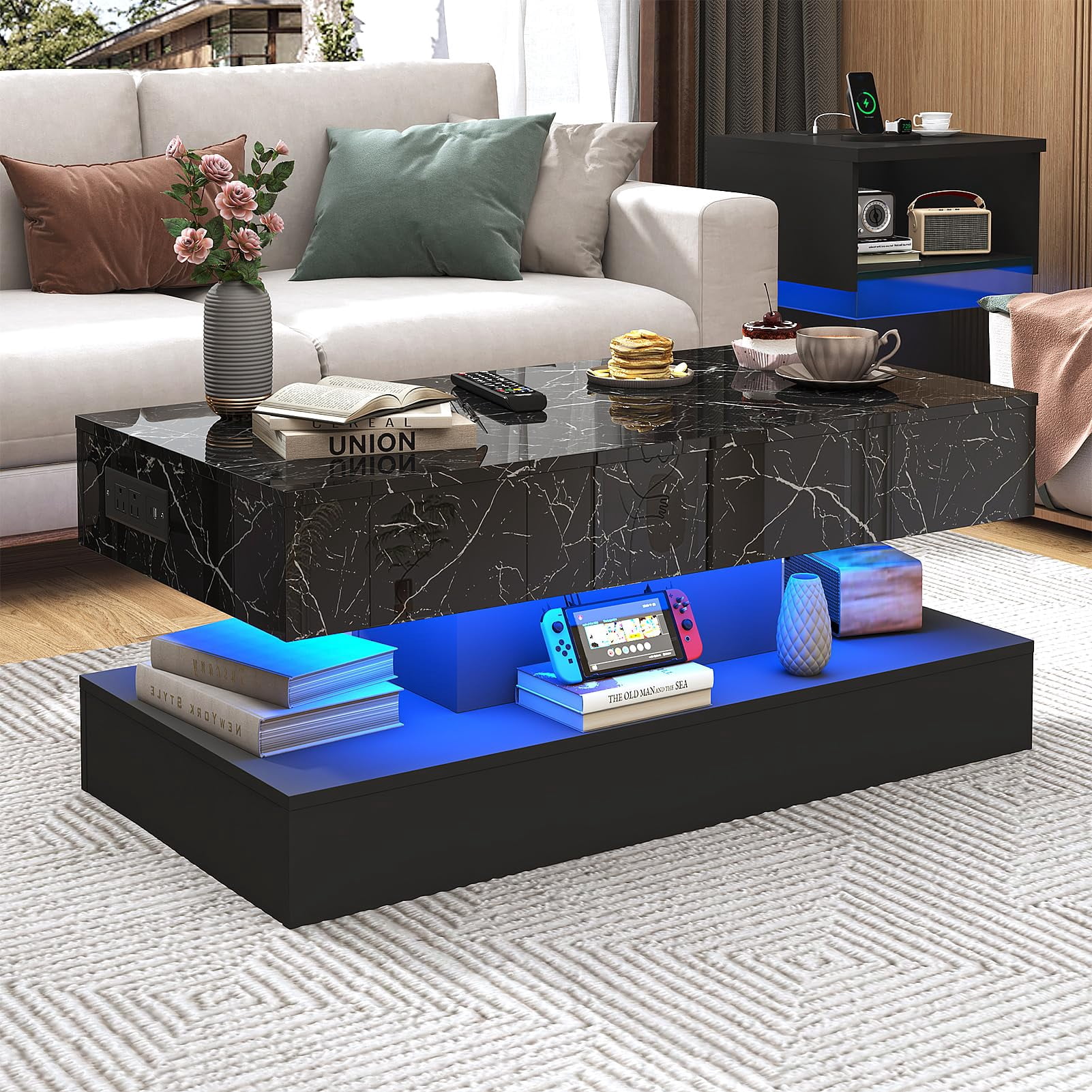 ChVans 39.4" Large Lift Top Coffee Table with Charging Station & LED Lights, Black High Glossy LED Coffee Table with Hidden Compartment Storage, Modern Living Room Tables