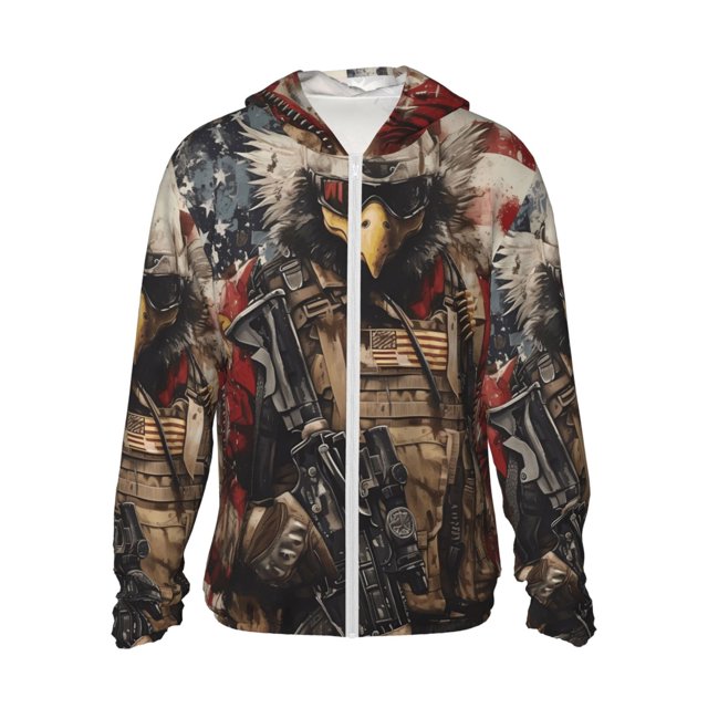 Balery Bald Eagle Soldier Sudadera ligera de manga larga con capucha y protección solar UPF 50+ para hombre y mujer, ideal para pesca y running-Large