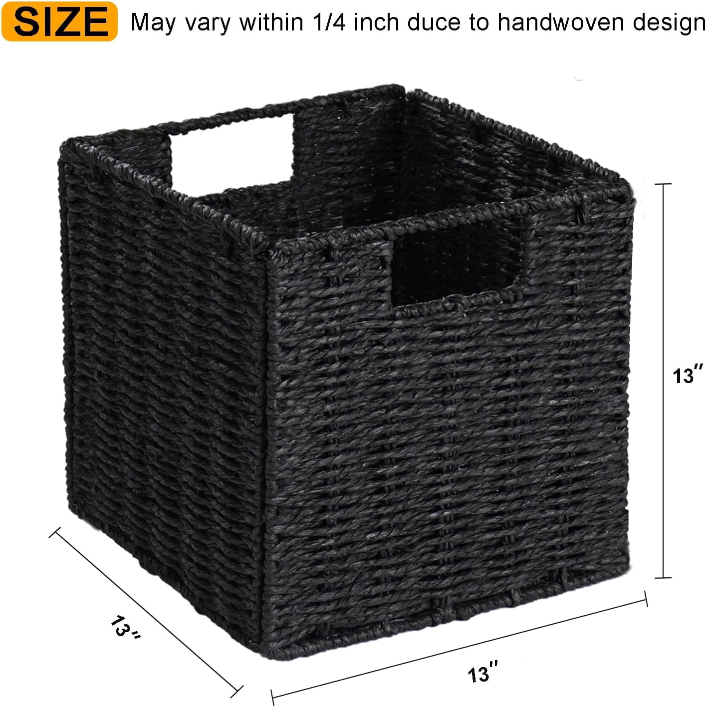Storage Basket, Set of 2 Hand-Woven Storage Baskets for Organizing with Handles, Foldable Cube Storage Baskets Bins Organizer, 13 inch Large Wicker Baskets for Shelves & Decor, Black