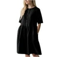 thumbnail image 1 of Robe d'Été pour Femmes en Coton et Lin Uni à Manches Courtes, Boutonnée, Col Ras du Cou, Robe Décontractée Plissée, Ample et Fluide, Robe de Plage avec Poches, 1 of 1
