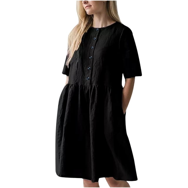 Robe d'Été pour Femmes en Coton et Lin Uni à Manches Courtes, Boutonnée, Col Ras du Cou, Robe Décontractée Plissée, Ample et Fluide, Robe de Plage avec Poches