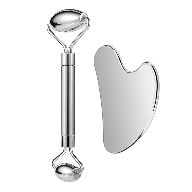 Rodillo facial de acero inoxidable y Gua Sha, masajeador facial, herramientas para el cuidado de la piel, para rostro, ojos, cuello, alivia líneas finas y arrugas con estuche de viaje.