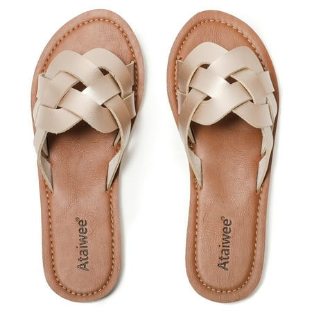 

Ataiwee Women s Slide Sandals Fashion Strappy Braided Slip On Flat Summer Shoes.