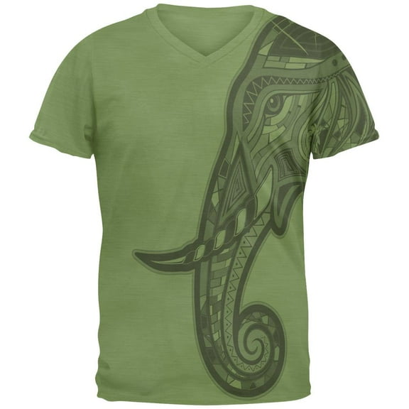Tribal Mosaic Elephant Mens V-Neck T Shirt Green MD