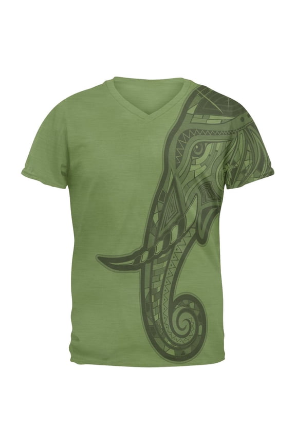Tribal Mosaic Elephant Mens V-Neck T Shirt Green MD