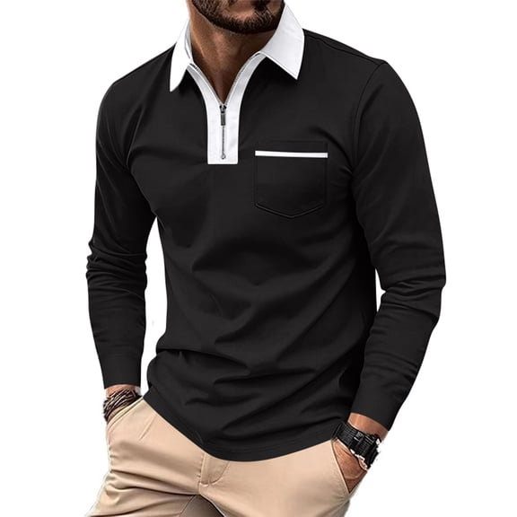 Long Sleeve Polo Shirts For Men Slim Fit Quarter Zip Polo Shirt With Contrast Collar Placket And Chest Pocket Casual Business T-Shirt For Daily L Black