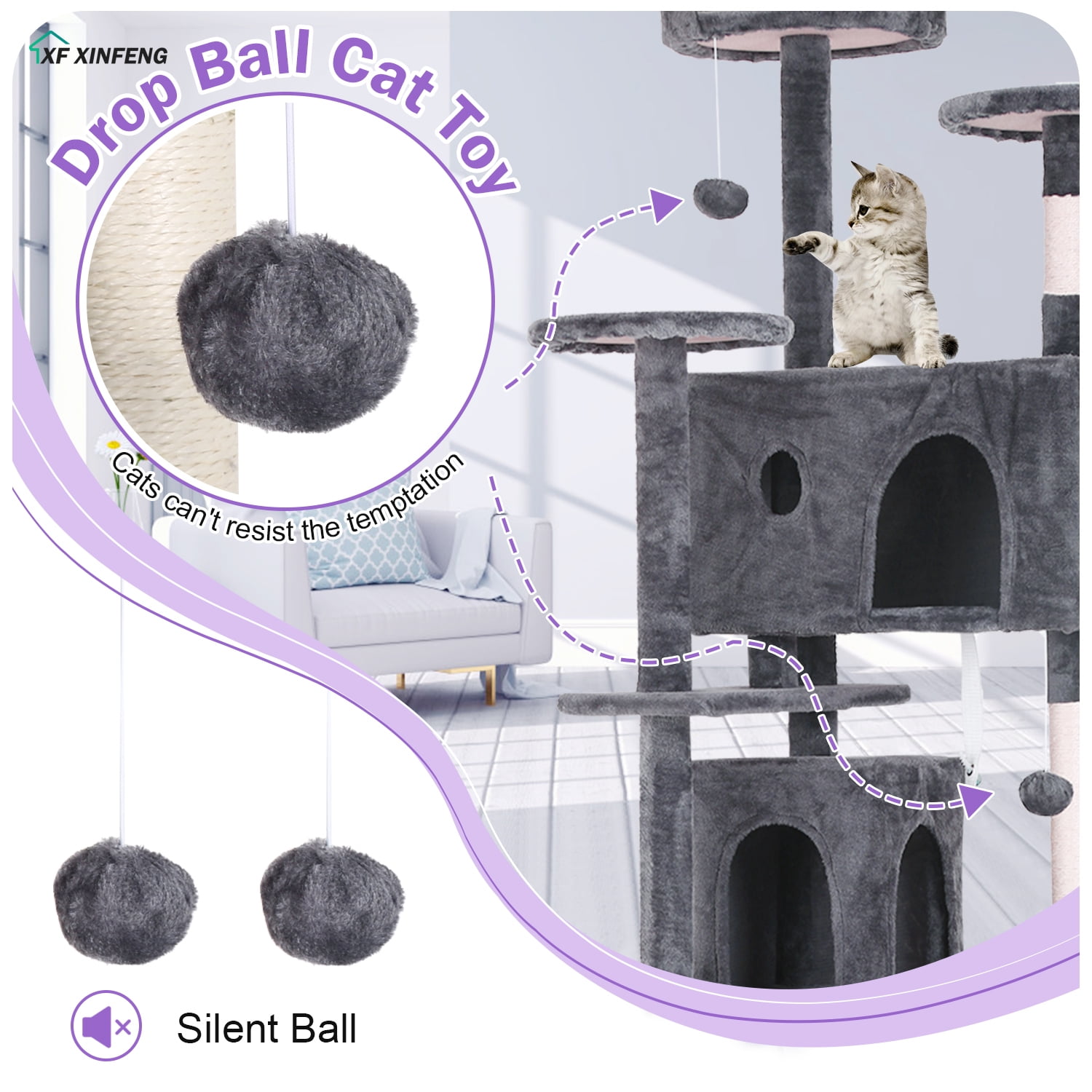 XF XINFENG 70" Cat Tree Tower Playhouse for Indoor Cats with Scratching Posts, Multi-Level Pet Cozy Condo Furniture, Light Gray