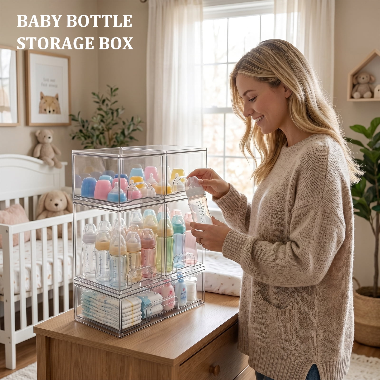 5-Piece Baby Bottle Organizer for Countertop, Clear Acrylic Drawer Set, Bottle Organizer for Pump Parts, Bottle Storage Organizer Baby for Nursery, Bathroom Vanity, Kitchen Counter