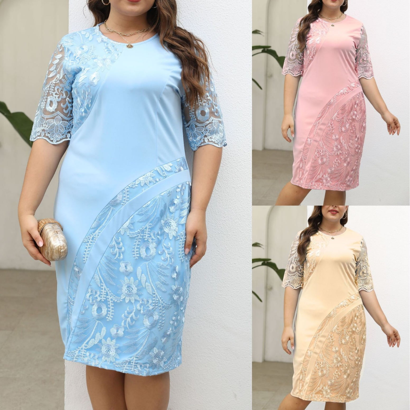 Plus Size Elegant Dress, Women's Plus Solid Contrast Lace Short Sleeve Round Neck Slim Fit Wedding Party Dress