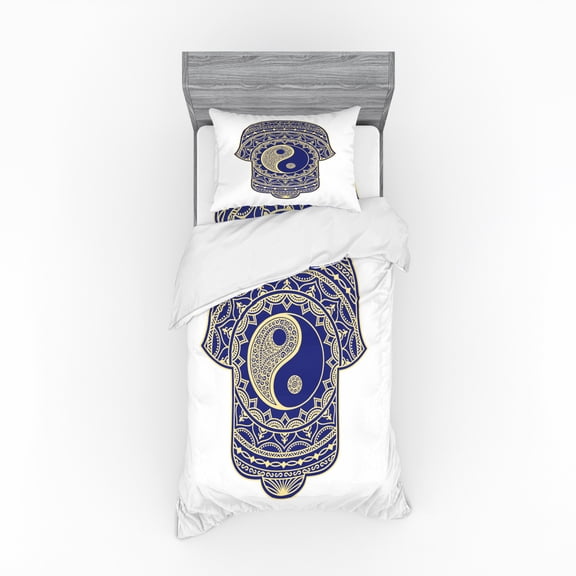 Ambesonne Hamsa Bedding Set 3 Pcs, Japanese Ying Yang, Twin, Royal Blue and Cream