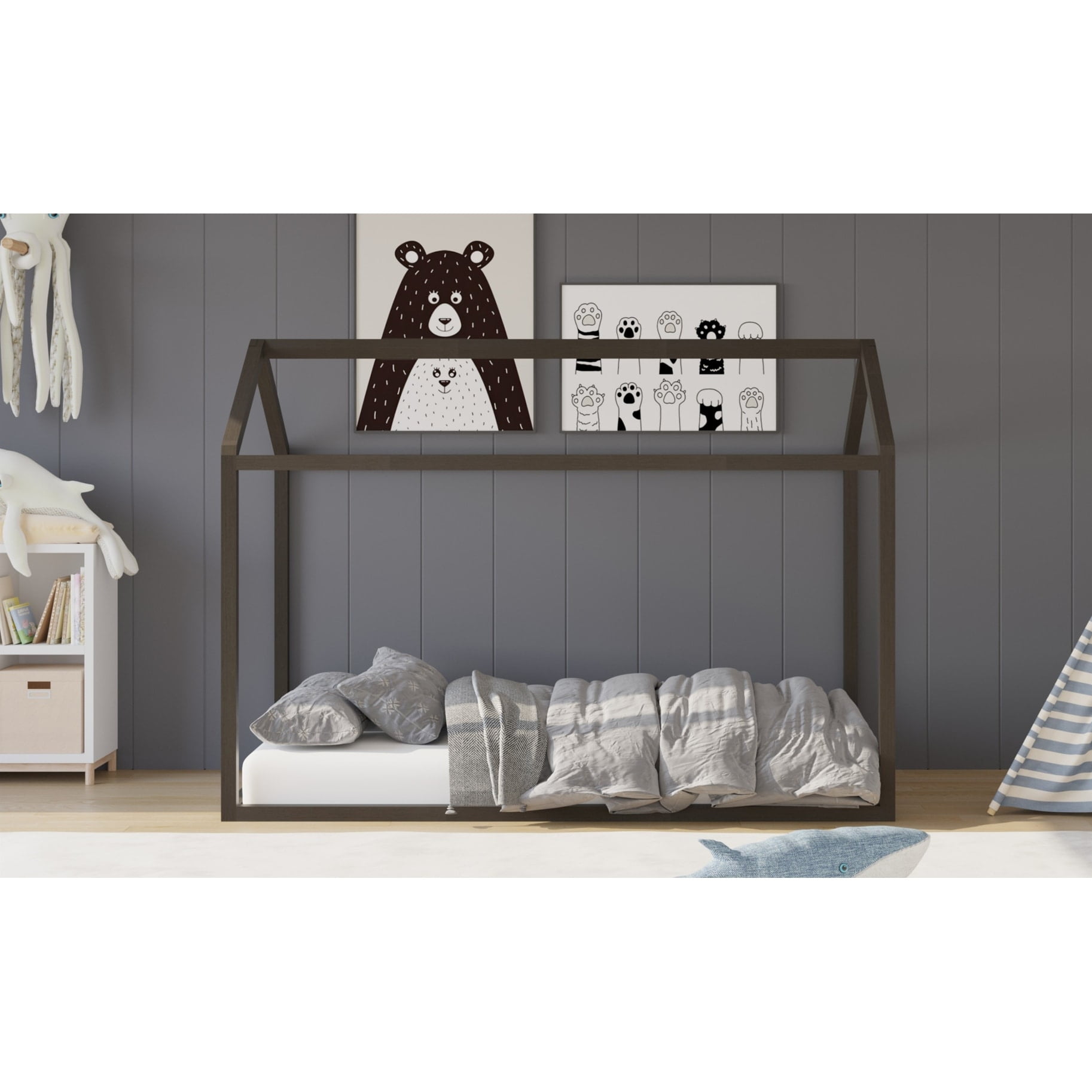 Home Design Perry Twin Solid Wood Canopy Bed Frame with House-Shaped Design and Sturdy Construction, Taupe, Easy Assembly