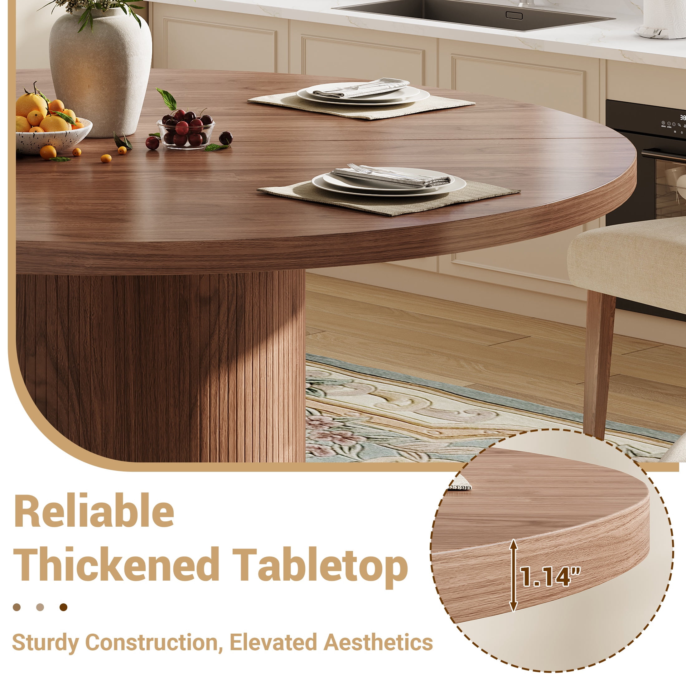 UHOMEPRO Round Dining Table, 47" Circle Kitchen Table for 4-6, Farmhouse Dining Room Table with Sturdy Wood Strip Base, Modern Dining Table for Dining Room Living Room, Walnut(Only Table)