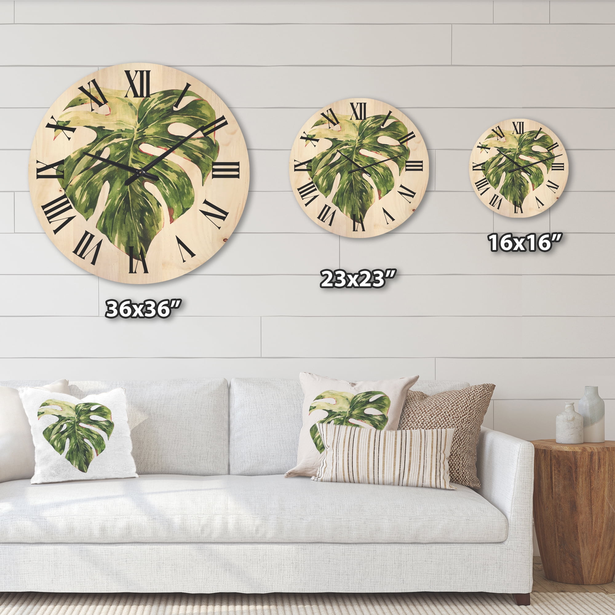 Designart 'Tropical Green Leaves On White In Summer Times III' Tropical Wood Wall Clock